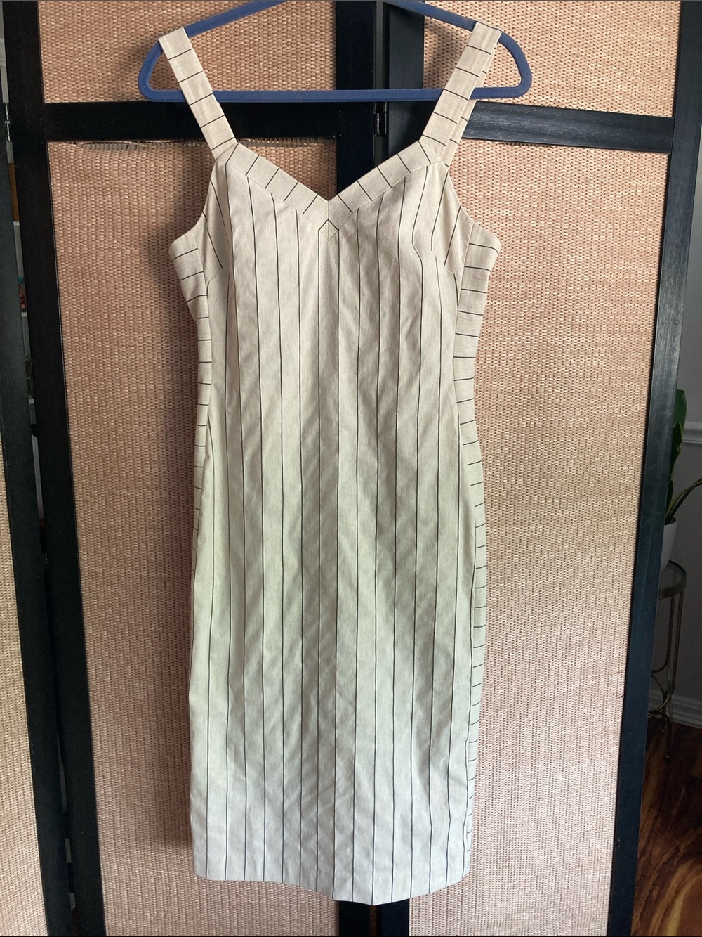 Beige Pinstripe Midi Dress with adjustable straps
